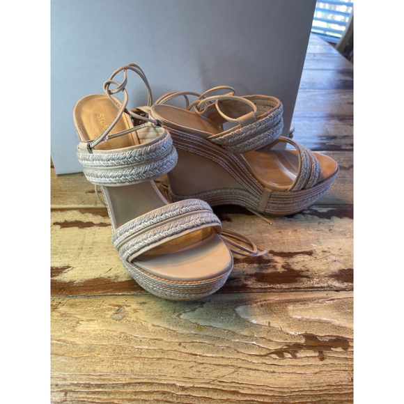 STUART WEITZMEN | NWOT Beige & Silver Espadrille Wedge Sandals Size 7 - Picture 6 of 8